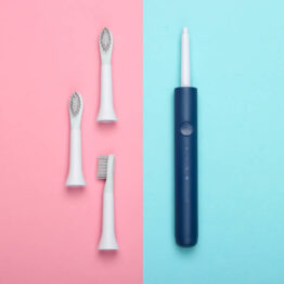 An electric toothbrush and three replacement brush heads.